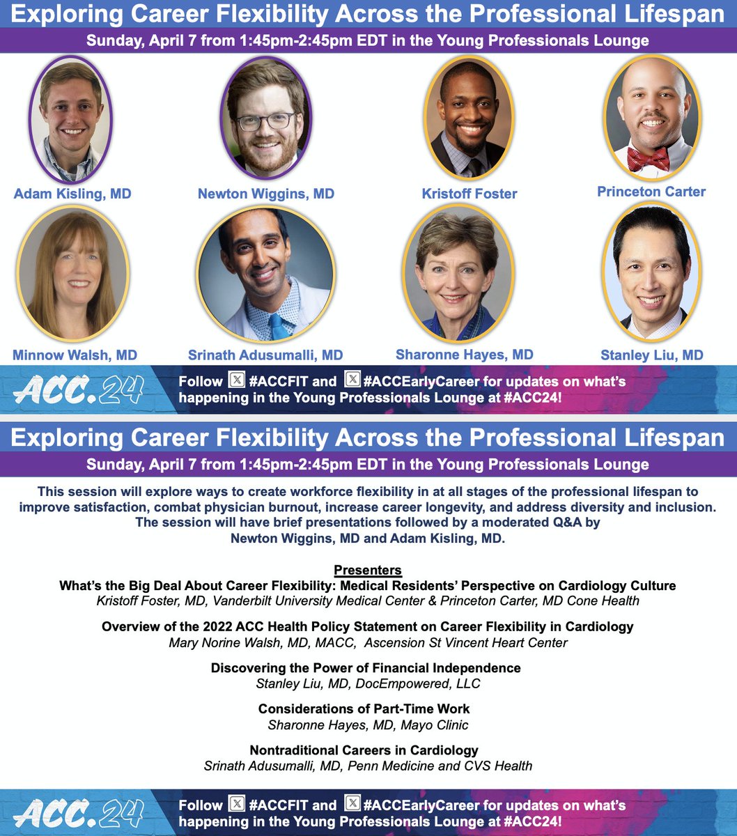 Ok, I’m done. So excited to discuss career flexibility and financial independence at #ACC24 with @MinnowWalsh, @sri_adu, @SharonneHayes, Kristoff Foster, & Princeton Carter w/ @Adam_Kisling, @nbwiggins, @noshreza, and @T_GuptaMD. See you all in Atlanta!