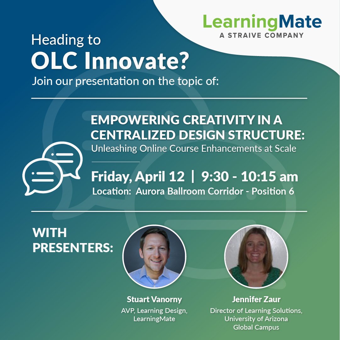 LearningMate is thrilled to be speaking at the @OLCToday Innovate Conference! Join us as we explore how to leverage technology and collaboration to empower faculty, engage students, and unleash the full potential of online learning.
#OLCInnovate #LearningDesign #LearningMate