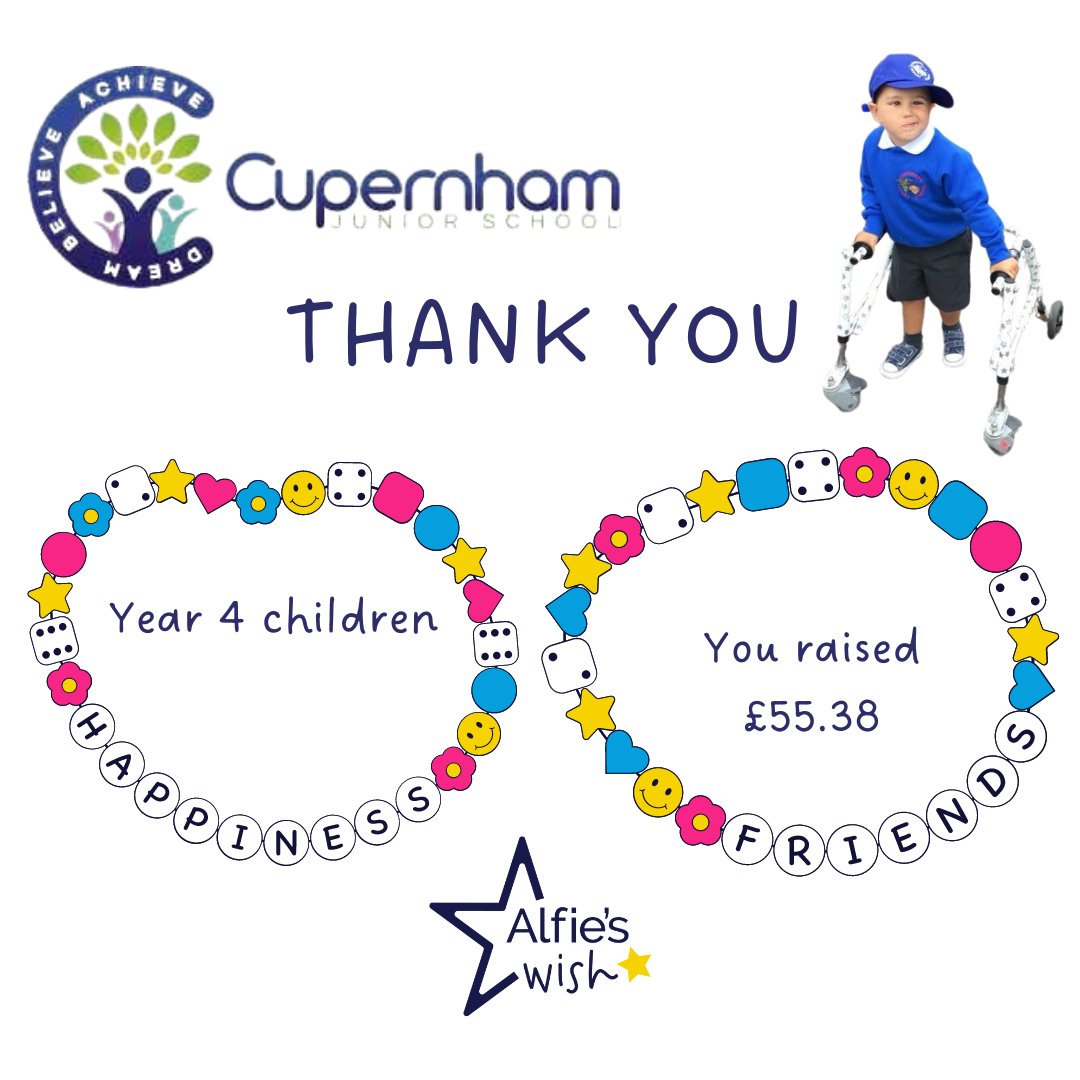 A massive thank you to YEAR 4 at Cupernham Junior School for raising an incredible £55.38 for Alfie's Wish from making and selling bracelets at school. 

You are so talented and thank you for always remembering Alfie 💛

#alfieswish #localcharity #childrenwithcancer