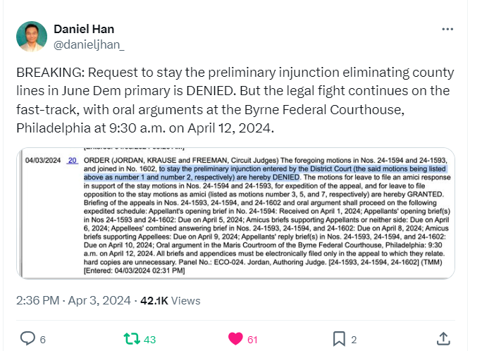 The request to stay the injunction eliminating county lines for the June Dem primary? DENIED, again! Why the continued appeals on an unconstitutional issue?  #ElectionTransparency #StopWastingTaxpayerMoney #Bloomfield h/t @danieljhan_