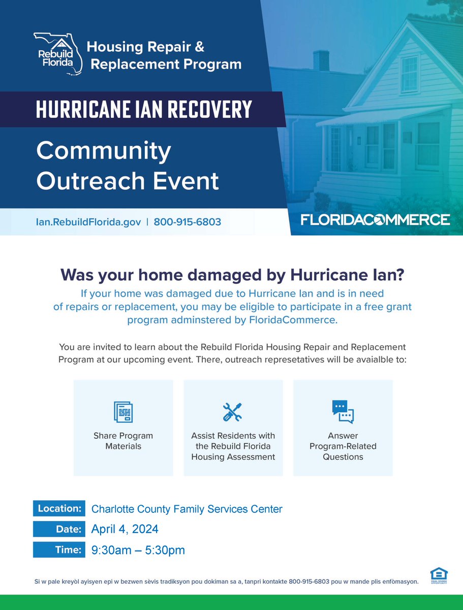 Is your home still feeling the effects of Hurricane Ian? If you're in need of repairs or replacement, FloridaCommerce may have assistance for you. 

Join us tomorrow, between 9:30 a.m. and 5:30 p.m. at the Family Services Center, 21500 Gibralter Dr. to talk with a representative.