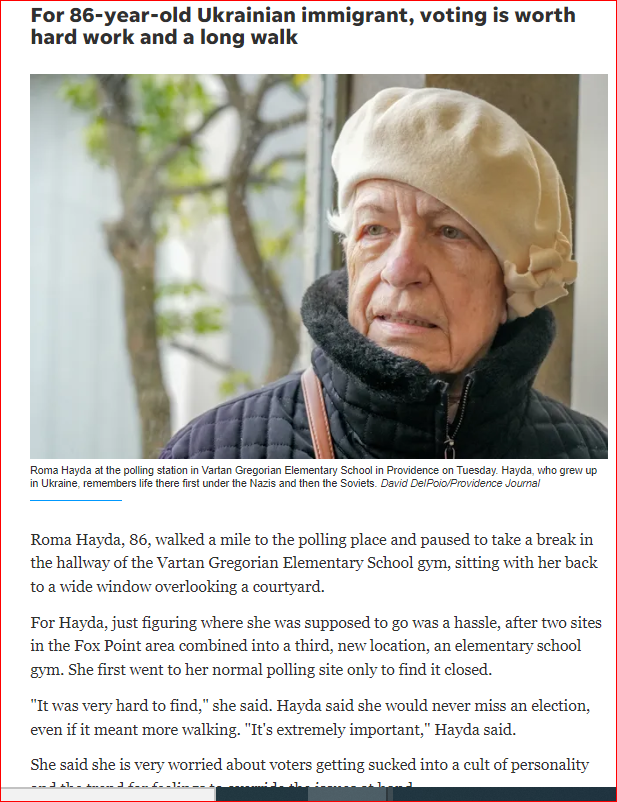 This well-told story of the struggle of this 86-year-old Ukrainian immigrant to find an open pollng place (her usual one was closed) reveals a truth: not everyone is able or likely to click through boxes on sos.ri.gov website (any website) to find their polling place