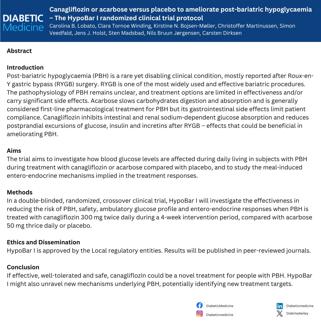 New #openacess article Canagliflozin or acarbose versus placebo to ameliorate post-bariatric hypoglycaemia – The HypoBar I randomized clinical trial protocol by Carolina B. Lobato et al. 🔗doi.org/10.1111/dme.15… #hypogycaemia #postbariatric #clinicaltrial #diabetes