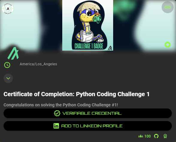 leakzrand's tweet image. ✅ Got my #1 Certificate of Completion for #PythonOnAlgo 
@GoPlausible @algodevs #Algorand