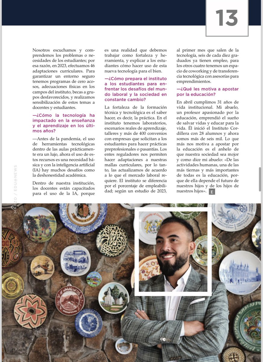 Davidflotorres's tweet photo. Querida comunidad, les comparto una entrevista que se publicó en la revista #edunews donde hablamos sobre el papel del @cordilleratec con la responsabilidad social educativa. https://t.co/M6O7cfeYIe