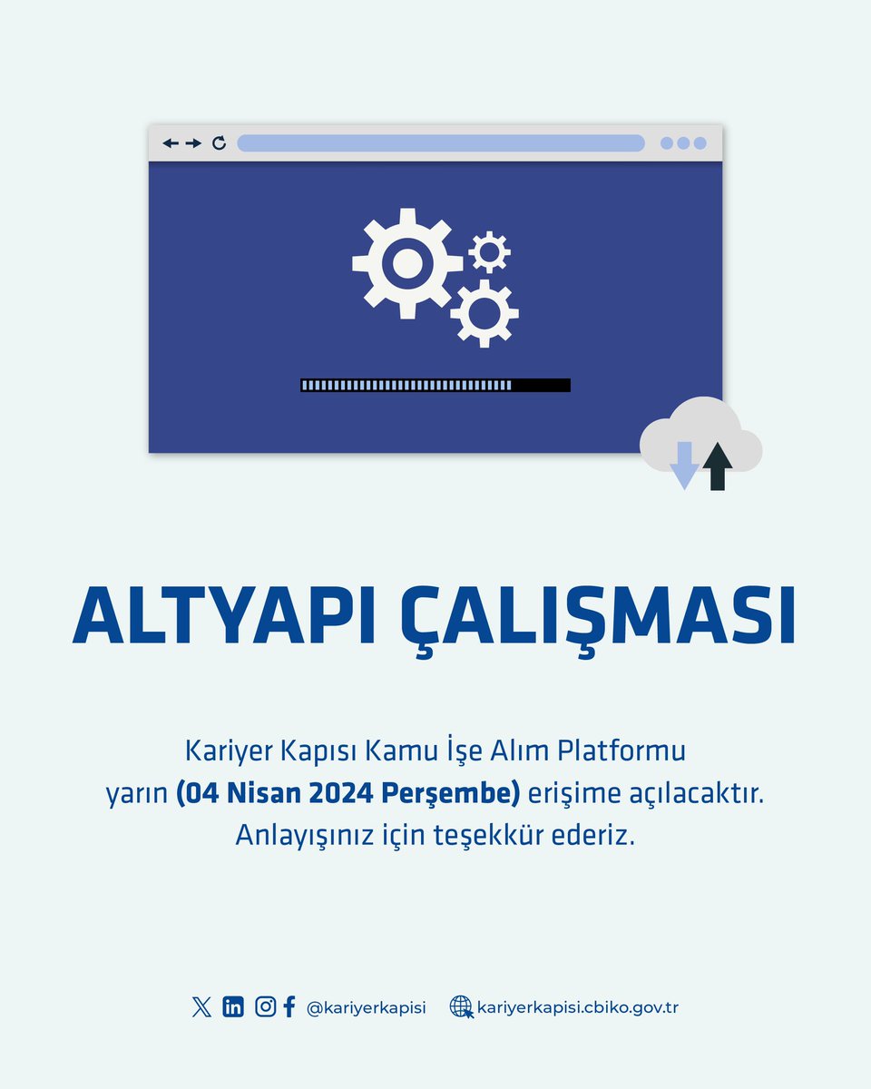 Altyapı güncelleme çalışmalarını yürüttüğümüz Kariyer Kapısı Kamu İşe Alım Platformu’nu eksiksiz bir şekilde sizlere sunmak adına son testlerimizi gerçekleştiriyoruz. Sistem yarın erişime açılacaktır. Anlayışınız için teşekkür ederiz. @tccbiko @einsan_tccbiko