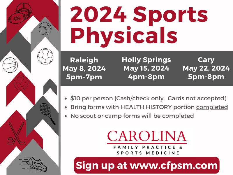 Carolina Family Practice & Sports Medicine will hold our annual Sports Physical nights in May.  Get your sports physical for the 2024-2025 school year.  Sign up here!  signupgenius.com/go/4090D4AA4AB…