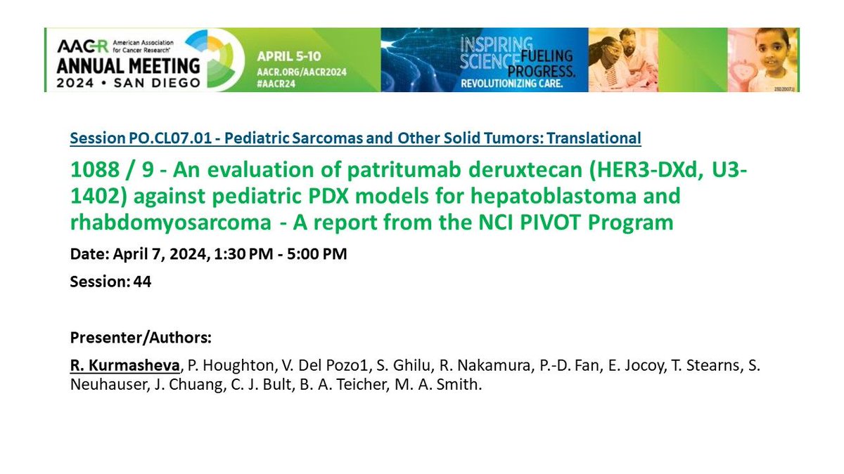 Check it out 👉 #AACR24 poster “An evaluation of patritumab deruxtecan (HER3-DXd, U3-1402) against pediatric PDX models for hepatoblastoma and rhabdomyosarcoma - A report from the NCI PIVOT Program”, on April 7, 2024, 1:30 PM - 5:00 PM. More: buff.ly/3VFu1Zu