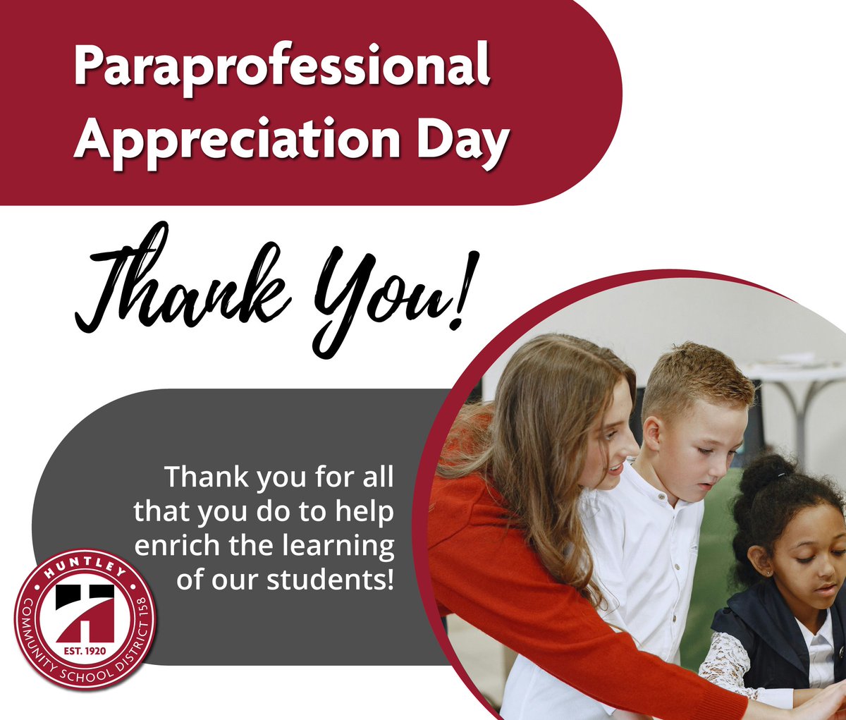 Happy Paraprofessional Appreciation Day! 🌟 Today we want to recognize and honor the invaluable contributions of our paraprofessionals within Huntley 158. Your dedication to enhancing our student's learning is truly inspiring, and we are immensely grateful for everything you do!