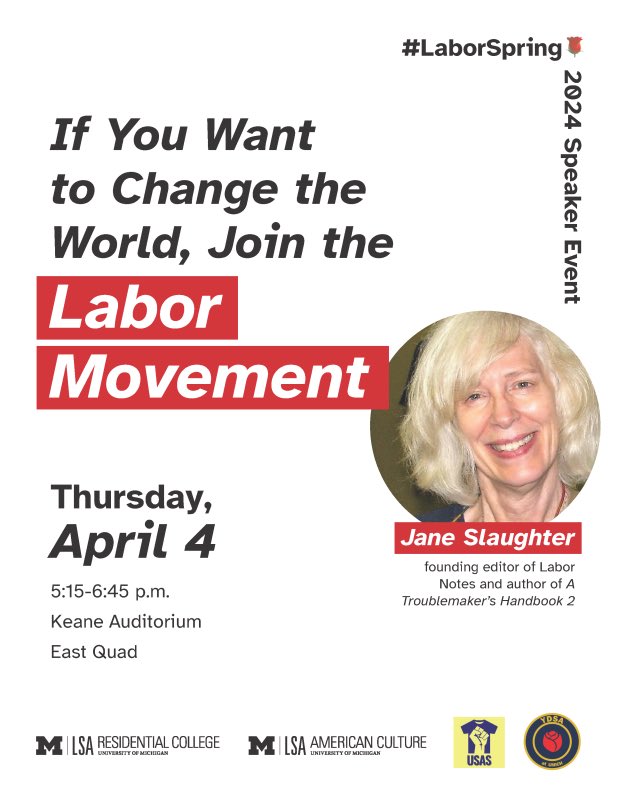 🏴 University of Michigan comrades: Labor movement speaking event tomorrow, Thurs 4/4 5:15-6:45pm @ Keane Auditorium, East Quad. Change the world, join the labor movement! 🏴

#universityofmichigan #labormovement #solidarity #laborspring