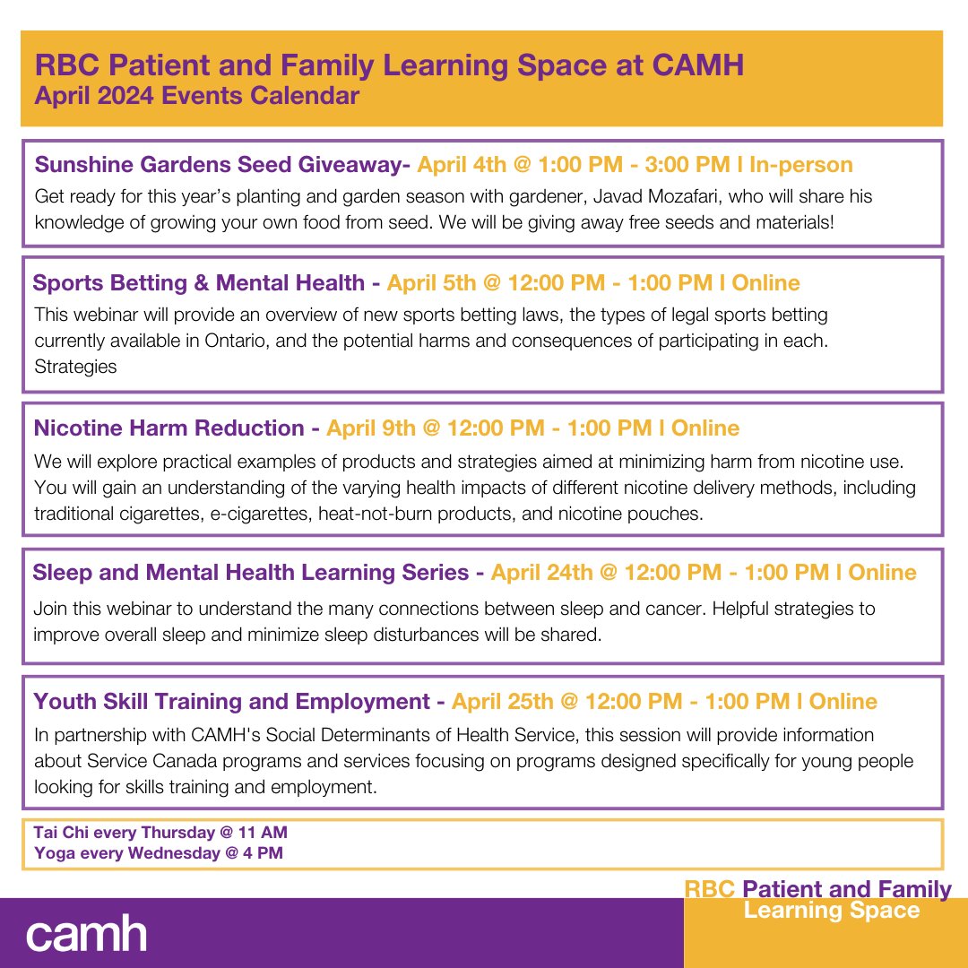 Check out the exciting, engaging and ✨FREE✨#events at our @RBC Patient and Family Learning Space this month, dedicated to #supporting patients, friends and families as they navigate the #healthcare system. These events are open to the public! ⬇️MORE: eventbrite.ca/o/rbc-patient-…