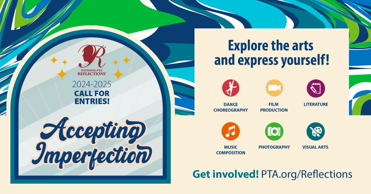 NationalPTA's tweet photo. We are excited to invite you to explore our 2024-2025 Reflections theme, “Accepting Imperfection” at https://t.co/7ZRBN3NKUy! Get inspired for a new Reflections program and show your excitement using #PTAReflections. https://t.co/4uBN8YSd2n