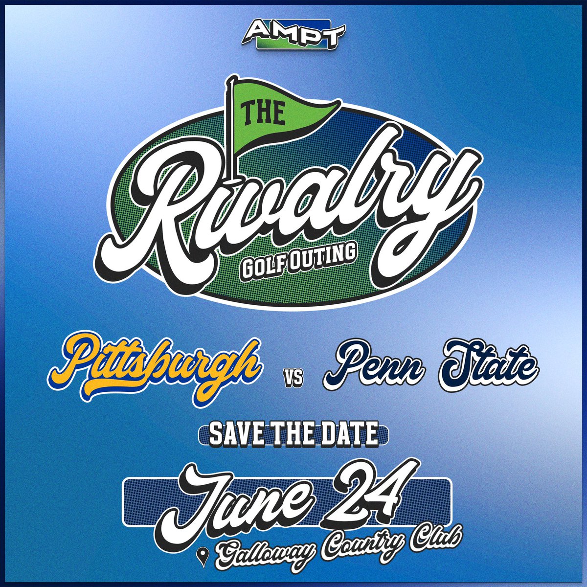 Announcing the Rivalry Golf Outing⛳️June 24 at Galloway National! A day where <a href="/PittTweet/">University of Pittsburgh</a> &amp; <a href="/PennState/">Penn State News</a> rivalry takes to the greens for a good cause! Players, alums, let's unite for <a href="/THON/">Penn State THON™</a> &amp; <a href="/pitt_pdm/">Pitt Dance Marathon</a> and battle for the Gold.🏆 DM for more info or email gina@ampt-group.com