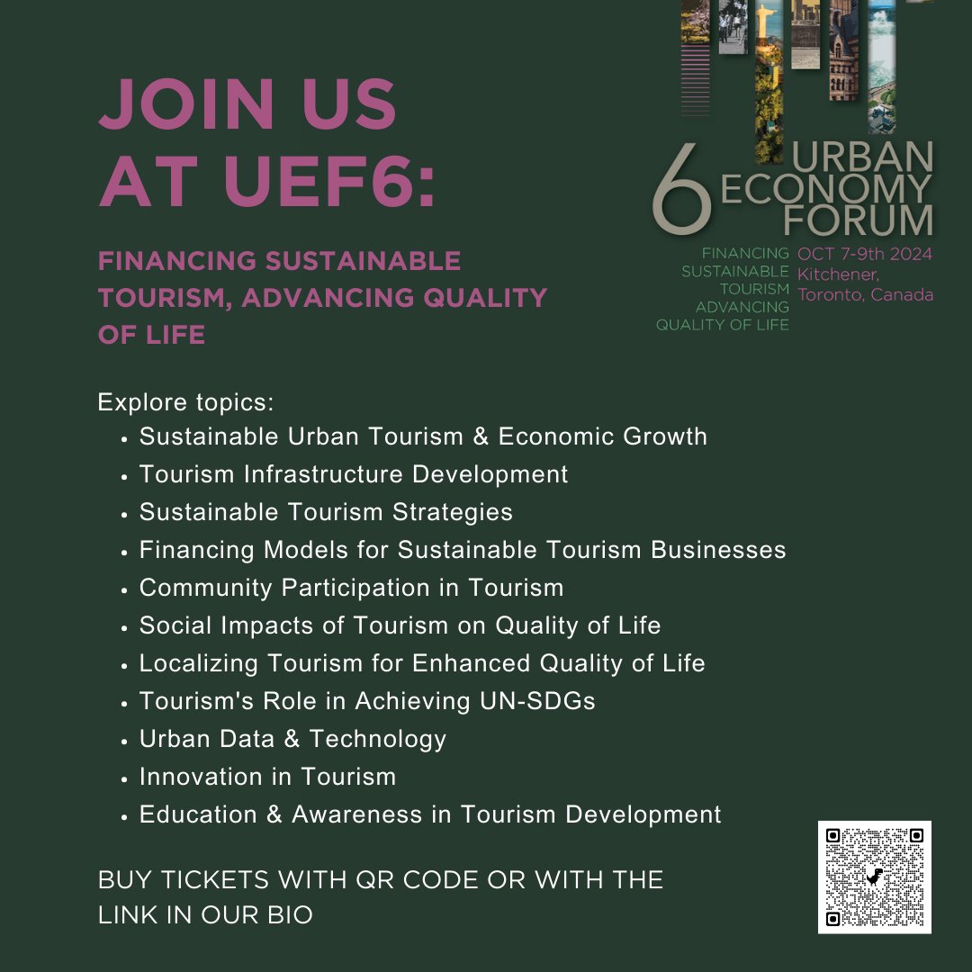 Join UEF6: Financing Sustainable Tourism, Advancing Quality of Life! City leaders, organizations, academia, businesses, & communities—all are welcome! Oct 7-9 2024, in Kitchener & Toronto. Explore urban sustainable tourism with experts. Register now! #UEF6 #SustainableTourism🌍🌟