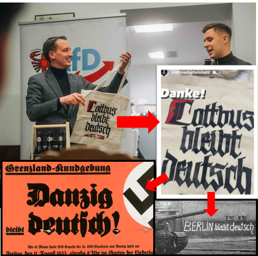 🧵Am 19.03. hielt der #AfD-Bundestagsabgeordnete Matthias Helferich beim AfD-Jugendabend in #Cottbus einen Vortrag über die auch von ihm vertretenen Vertreibungspläne. Dabei überreichte ihm der #AfD-Kreissprecher Jean-Pascal Hohm passenderweise eine Tasche mit NS-Slogan.