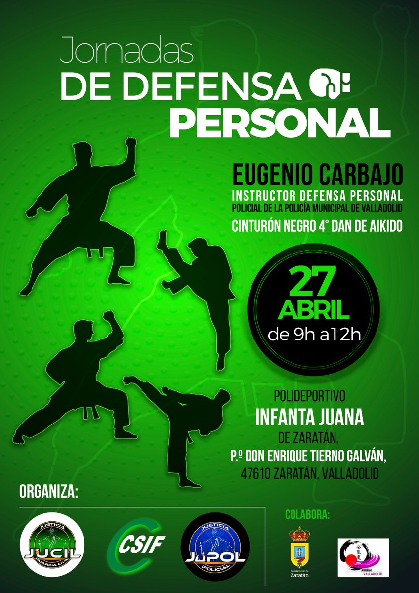 CsifValladolid's tweet image. ⏫️Cursos de Defensa Personal 
Organiza JUCIL, JUPOL y CSIF
📌13 o 27 de abril, de 9 a 12h. 
✅️Dirigidos a #policía nacional y local, #GuardiaCivil y #funcionarios de IIPP
❎️Gratuitos 
❎️Grupos reducidos 
👍Preferencia: afiliados a JUCIL, JUPOL y CSIF. 
Infórmate 608117119