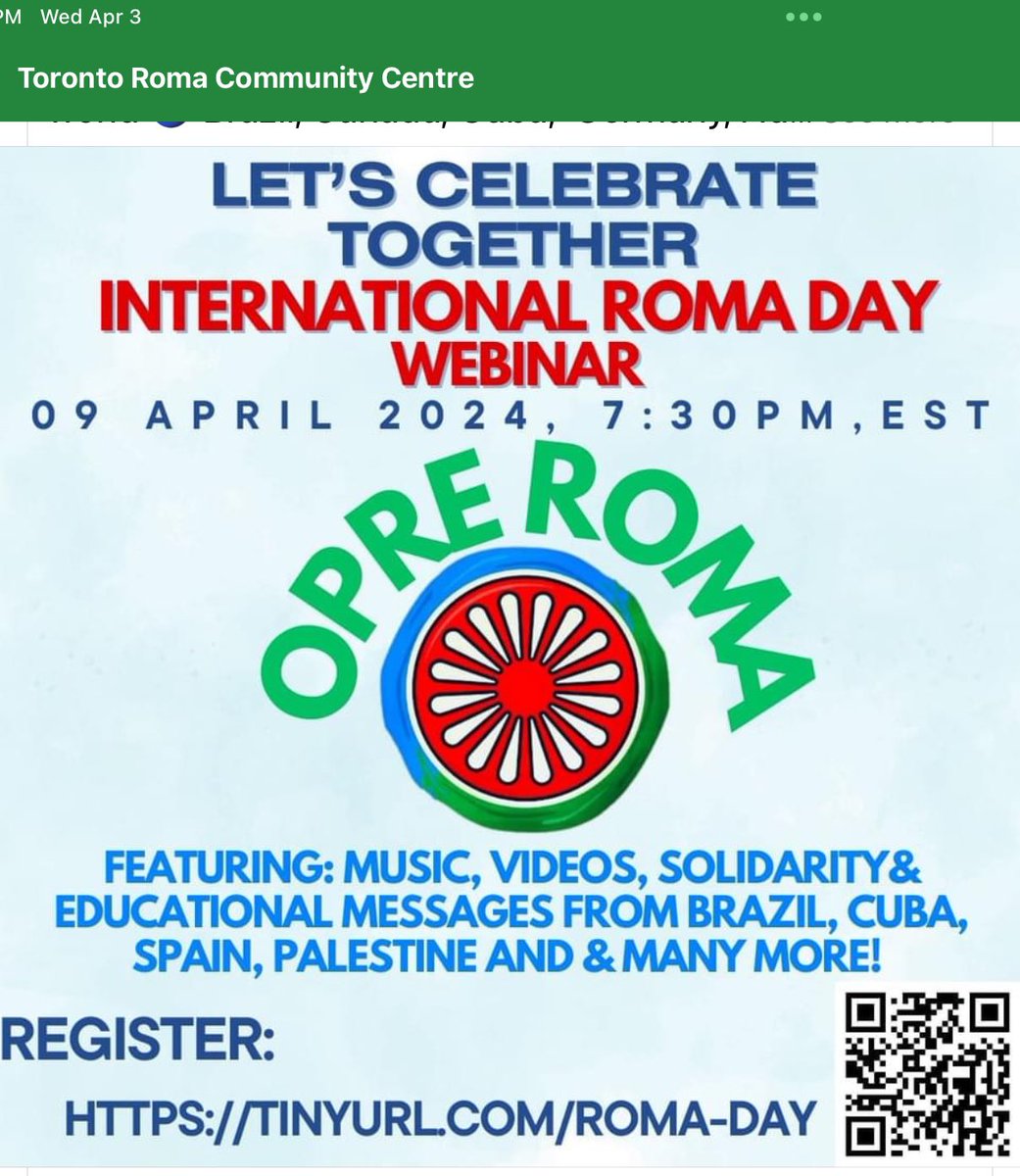For #InternationalRomaDay April 9th, please join the webinar hosted by the Toronto #Roma Community Centre. #OpreRoma.