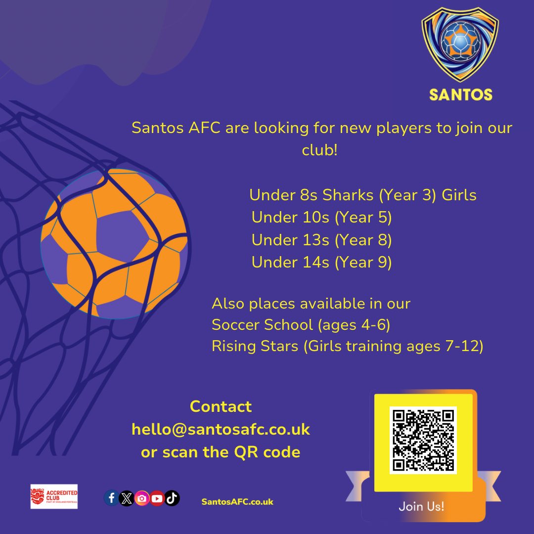 👦⚽️👧⚽️ 👦⚽️👧⚽️ 👦⚽️👧⚽️ 

                         Players Wanted 

If you would like to join us, email hello@santosafc.co.uk  or scan the QR Code 

#SantosAfc #SantosYouth #football #localfootball #grassrootsfootball #oldham #GreaterManchester