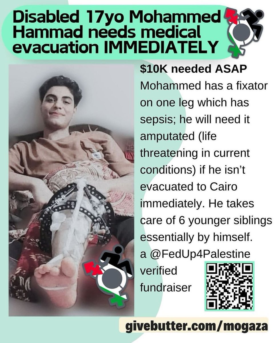 Hey guys My friend Sky has been helping raise funds for Palestinian youth over the past few months. Their urgent focus is Mohammed who is seeking medical evacuation. Please share and donate if you can. The fundraiser has been verified by FedUp4Palestine and Rebirth Garments.