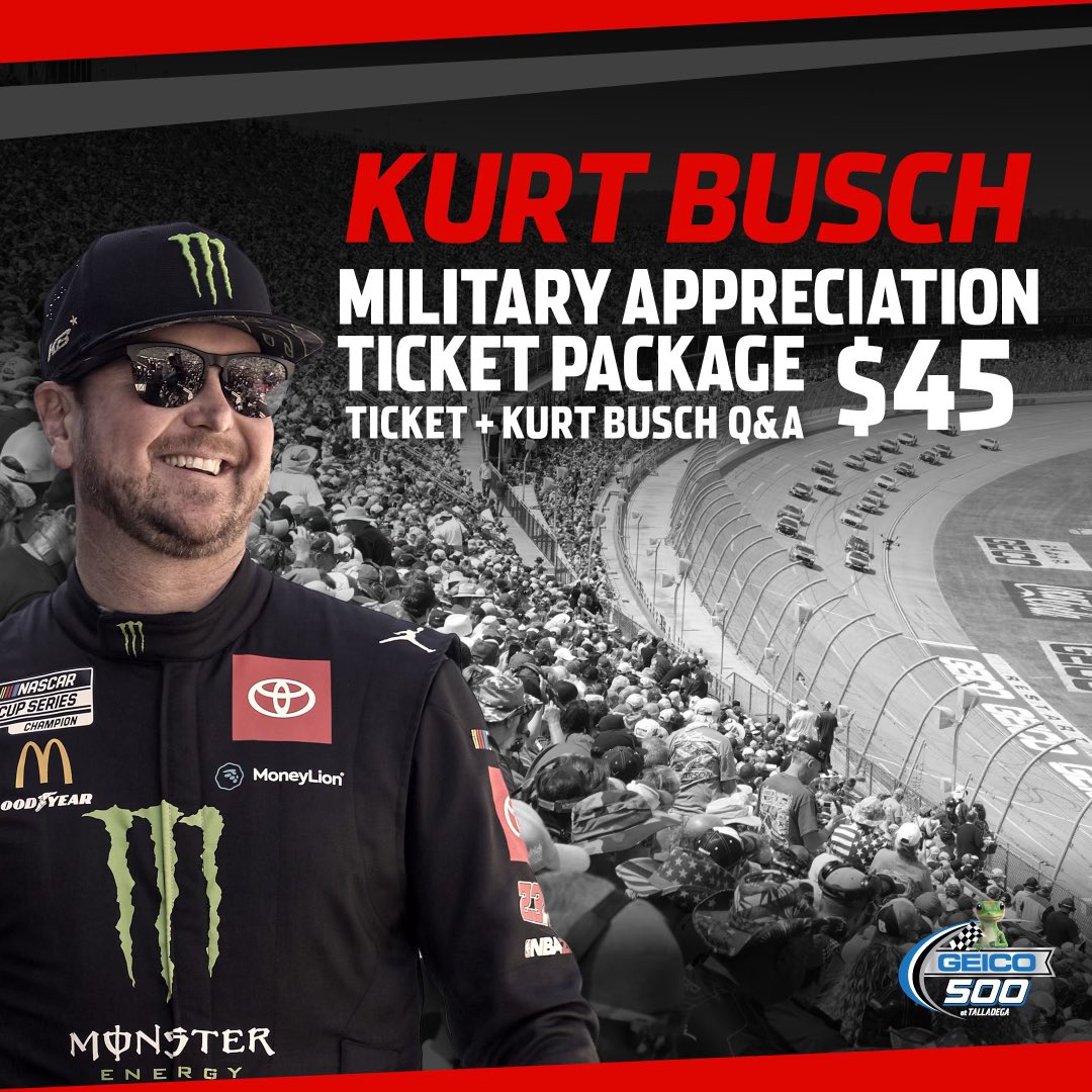 Grateful for those who have served and are currently serving our country. In appreciation of our military members, I've partnered with @TALLADEGA on a special ticket package for the #Geico500, which includes a grandstand ticket and a Q&A with me on race day. 🎟️:…