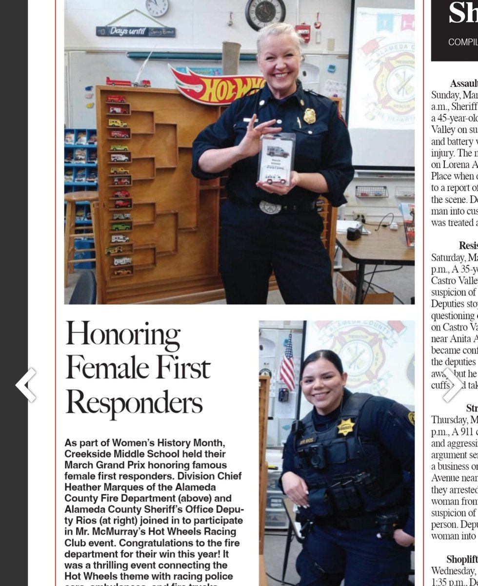 So cool to see my @Hot_Wheels racing club at @wildcatscv and @CastroValleyUSD with @ACSOSheriffs and @AlamedaCoFire celebrating #WomensHistoryMonth and famous female #FirstResponders in the #CastroValleyForum.