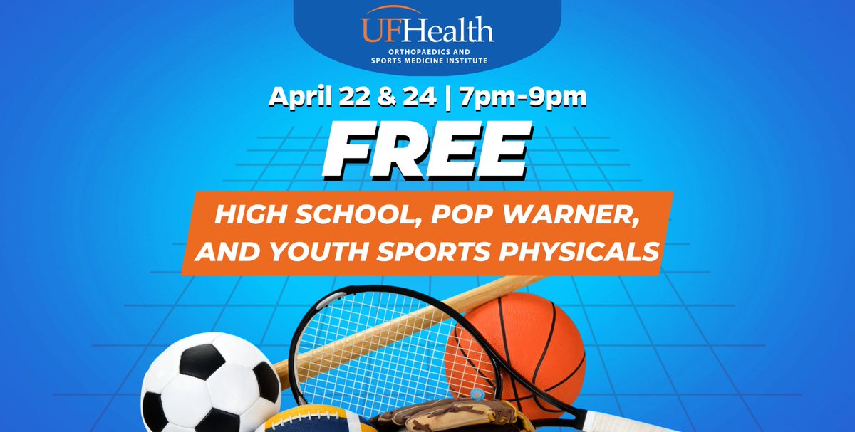 #UFOrtho will be providing Free Pre-Participation / Sports Physicals to all youth, high school, and Pop Warner student athletes for the 2024-2025 school year. Please see website to obtain the required forms: April 22: go.ufl.edu/0iypw6x April 24: go.ufl.edu/b72wn2h