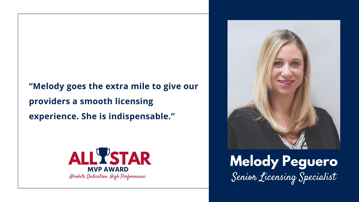 Congratulations to Melody Peguero, one of our MVPs for April! The Senior Licensing Specialist makes an impact every day helping providers and delivering “Red Carpet” Service! #MVP #AbsoluteDedication