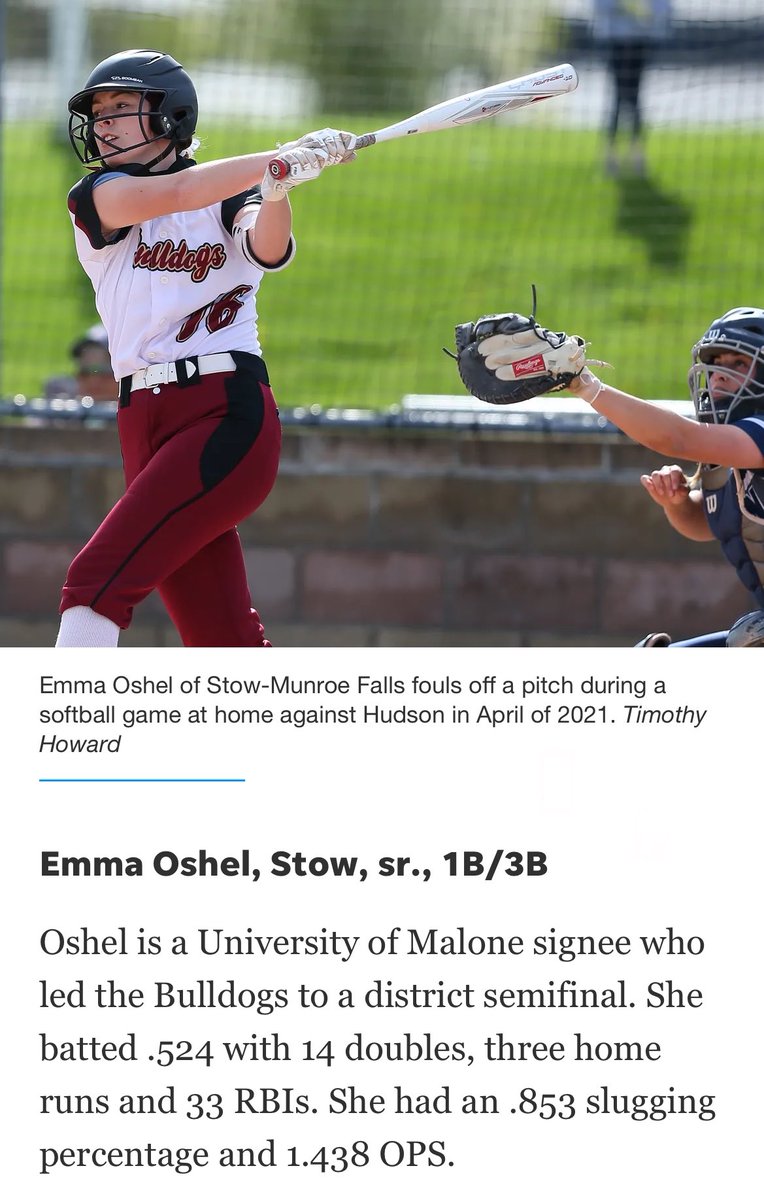 EmmaOshel's tweet photo. Grateful to be included in Akron Beacon Journal’s Greater Akron Top 15 Softball Player watchlist! I'm so excited for the rest of senior season! @Ohio_Hawks06 @MaloneUSoftball @stow_softball @micaelaminner https://t.co/dZLx5oieph