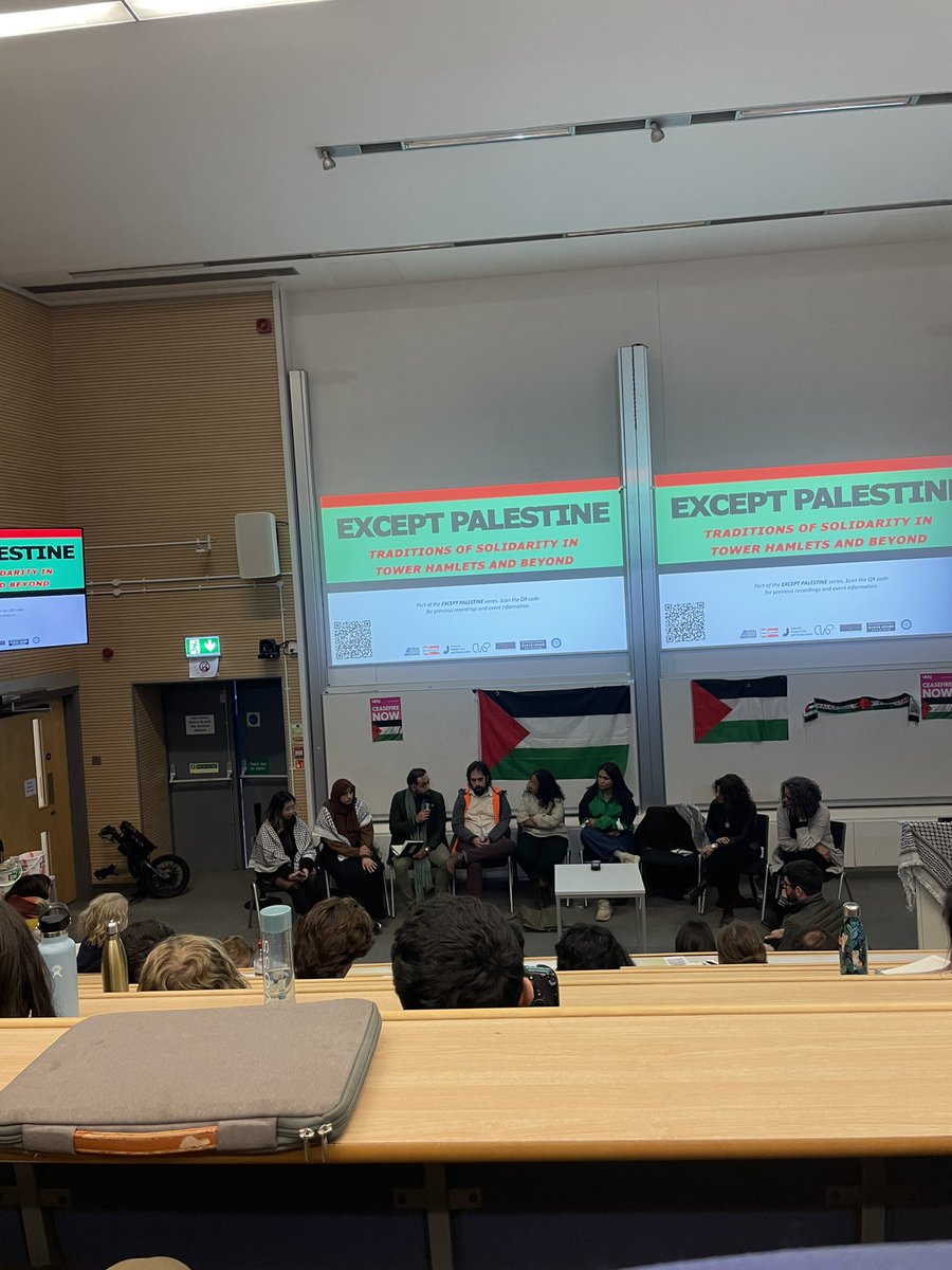 Amazing speakers at @QMULPalestine this evening, dissecting generations’ worth of multicultural solidarity in East London and the north of England as blueprints for political organising in labour movements and beyond !