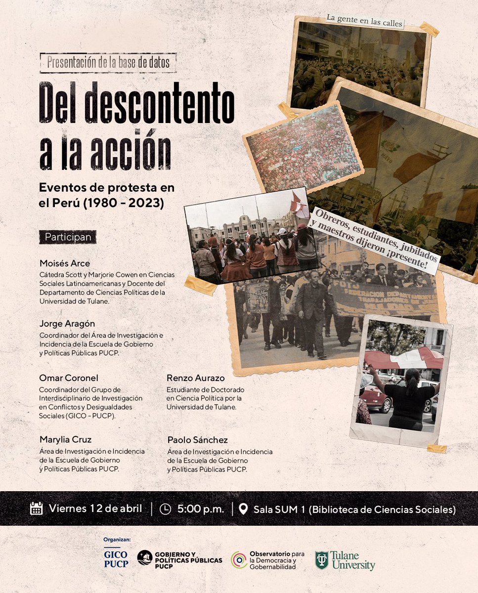 Este viernes 12 a las 5pm en la @pucp presentaremos la Base de Eventos de Protestas del Perú (1980-2023), que será de ACCESO LIBRE. Además de mostrar las características de la base, se hará una demostración de las potencialidades de su uso. Inscripción: mailchi.mp/pucp.edu.pe/fo…