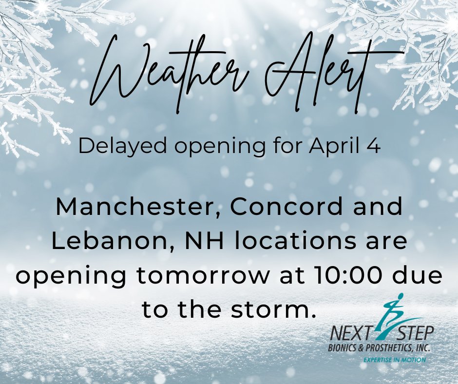 🌨️ Weather Update⏰

Due to the impending storm, our Manchester, Concord, and Lebanon, NH locations will have a delayed start tomorrow morning at 10 am. Your safety is our priority. In the event of a full closure, rest assured that any appointments will be rescheduled promp ...