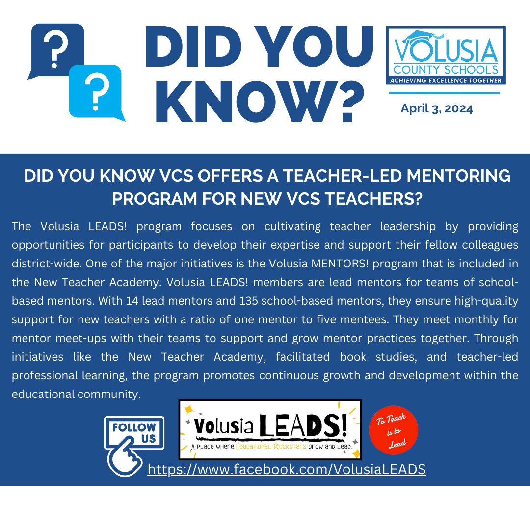 Did you know that VCS offers a teacher-led mentoring program for new teachers? 🌟 The Volusia LEADS! program is all about cultivating teacher leadership and supporting our colleagues district-wide. Learn more about this amazing initiative and how it benefits our educators by