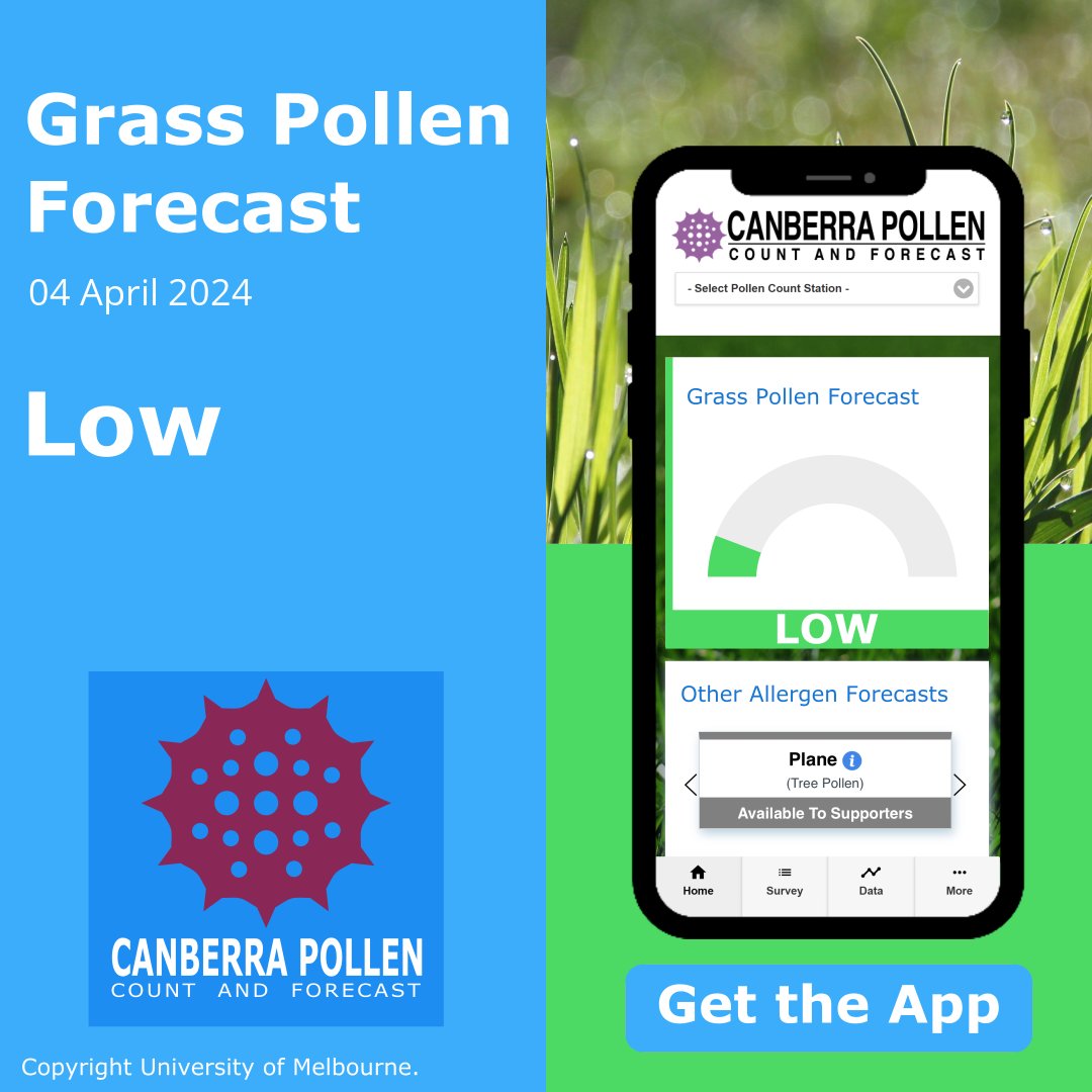 #Canberra grass #pollen forecast for today (Thursday, Apr 4) is Low. Get the App for more pollen forecasts: bit.ly/canberrapollen