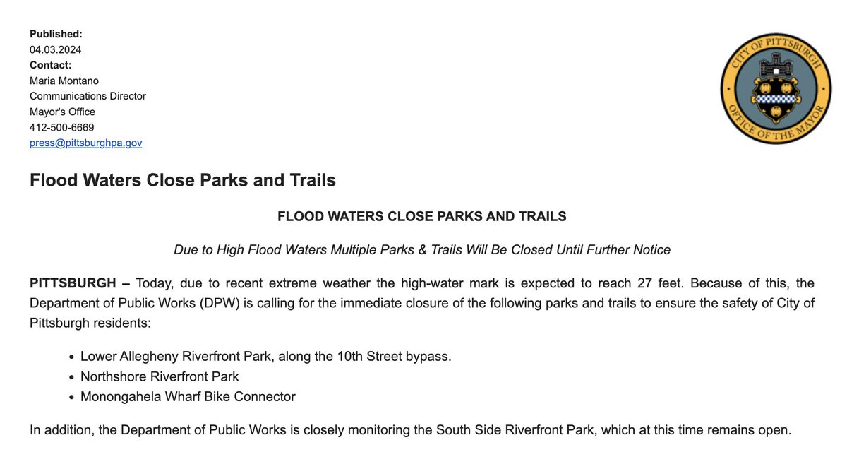 🌧️ Flooding in Pittsburgh 🌧️ The following parks and trails are currently CLOSED: > Lower Allegheny Riverfront Park, along the 10th Street bypass > Northshore Riverfront Park > Monongahela Wharf Bike Connector
