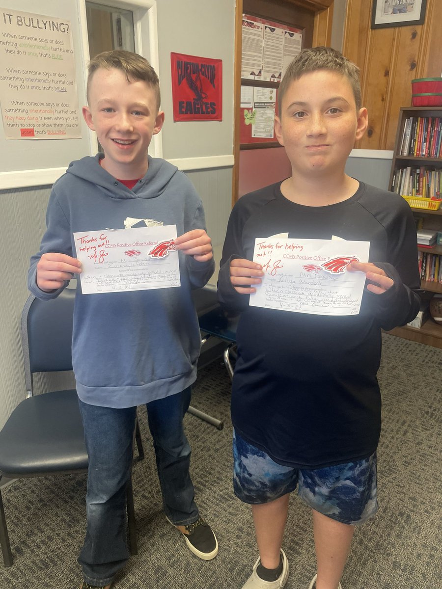 These two guys were recognized today for helping clean up a spill in the lunch room without being asked. Awesome to see kids step up and help out where needed!! #PositiveOfficeReferral #CliftonClydePride
