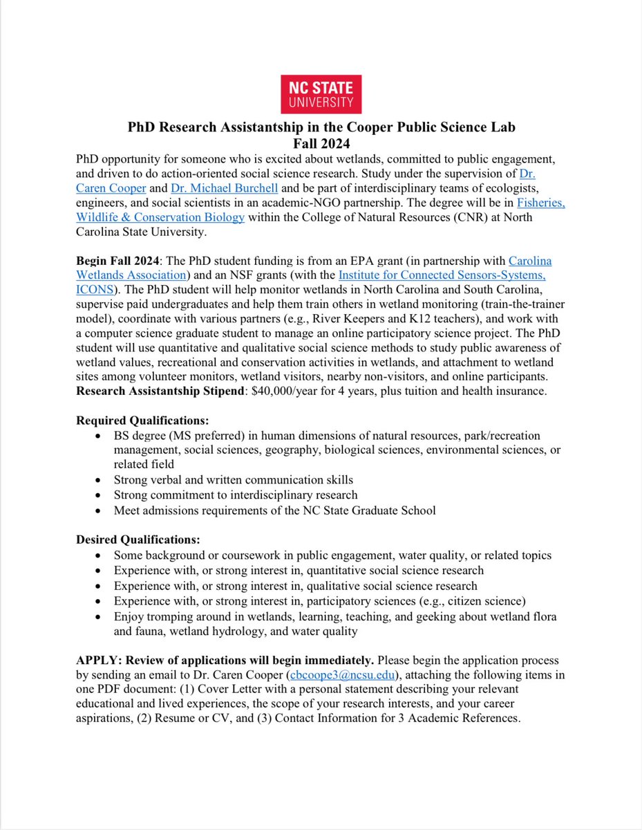 ✨OPPORTUNITY ALERT.✨
PhD Research Assistantship with the <a href="/CoopSciScoop/">Caren Cooper</a> Public Science Lab <a href="/NCStateCNR/">NC State College of Natural Resources</a>. $40,000/yr for 4 years plus tuition and health insurance. 

Plz share and RT!