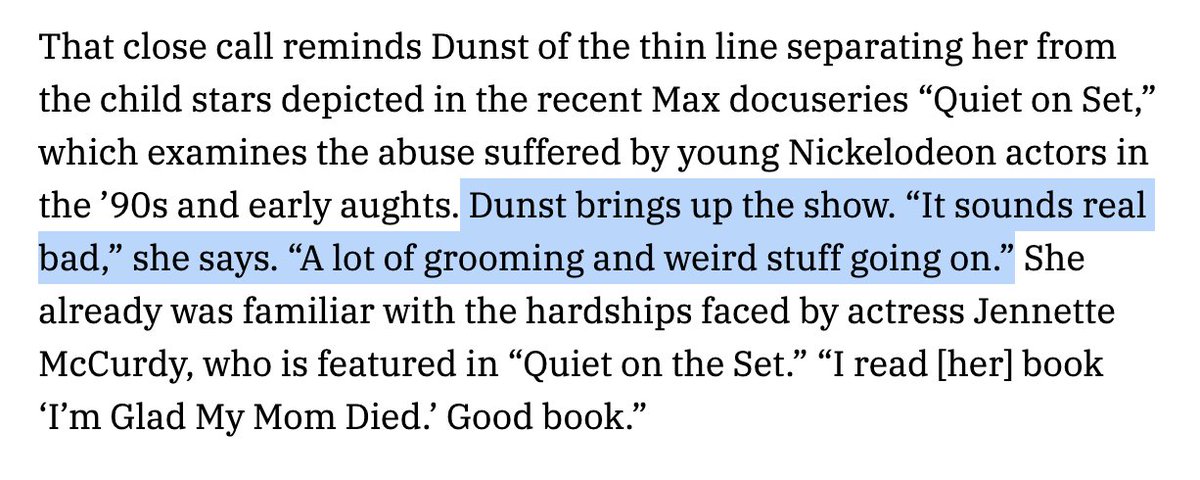 I gasped out loud in the office when I got to the part in this Kirsten Dunst profile where she brings up 'Quiet on Set' variety.com/2024/film/news…