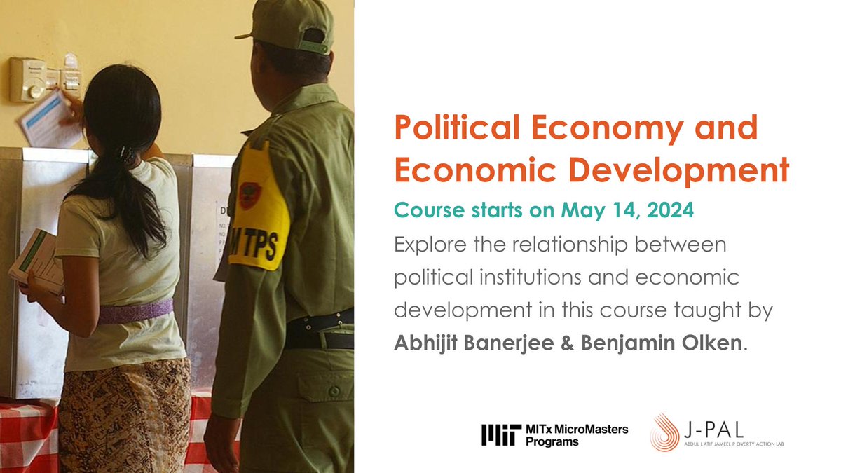 Voting systems 🗳️ & the role of the media 📺 are among the topics covered in Political Economy & Economic Development, taught by @Ben_Olken & Abhijit Banerjee. Enroll to explore the relationship between political institutions & economic development: j-p.al/rt7