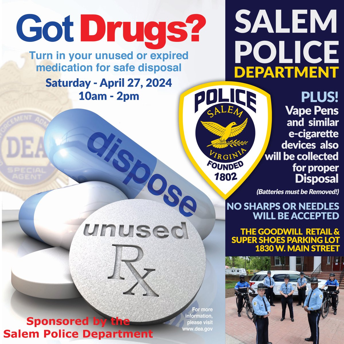 Get rid of your unused or expired prescription drugs safely before they fall into the wrong hands. The #SalemVA Police Department's semi-annual Drug Takeback event is Saturday, April 27. Help spread the word and keep our community safe. #SampleSalem