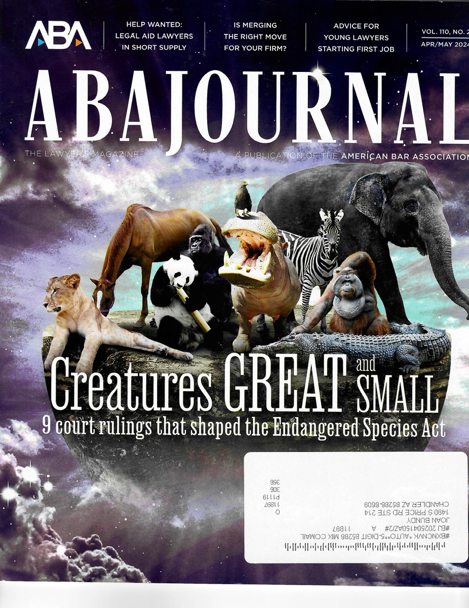 Guess what's on the cover of the latest ABA Journal? A story about animal law! The cover story was a retrospective of the Endangered Species Act and some interpretations by leading animal lawyers of today, including members of the TIPS Animal Law Committee I also belong to! #ABA