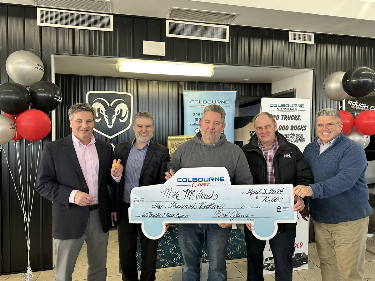 Congratulations to Mike McVarish, our lucky winner of our 20 Trucks, $10,000 Bucks promotion at Colbourne Chrysler! Mike purchased his New 2024  Ram 1500 Rebel from Malcom McIntyre on March 13th! 🎉🛻💰 

📸 Gary Jennings, Brad Jacobs, Malcolm McIntyre &amp;Robert Baldwin.