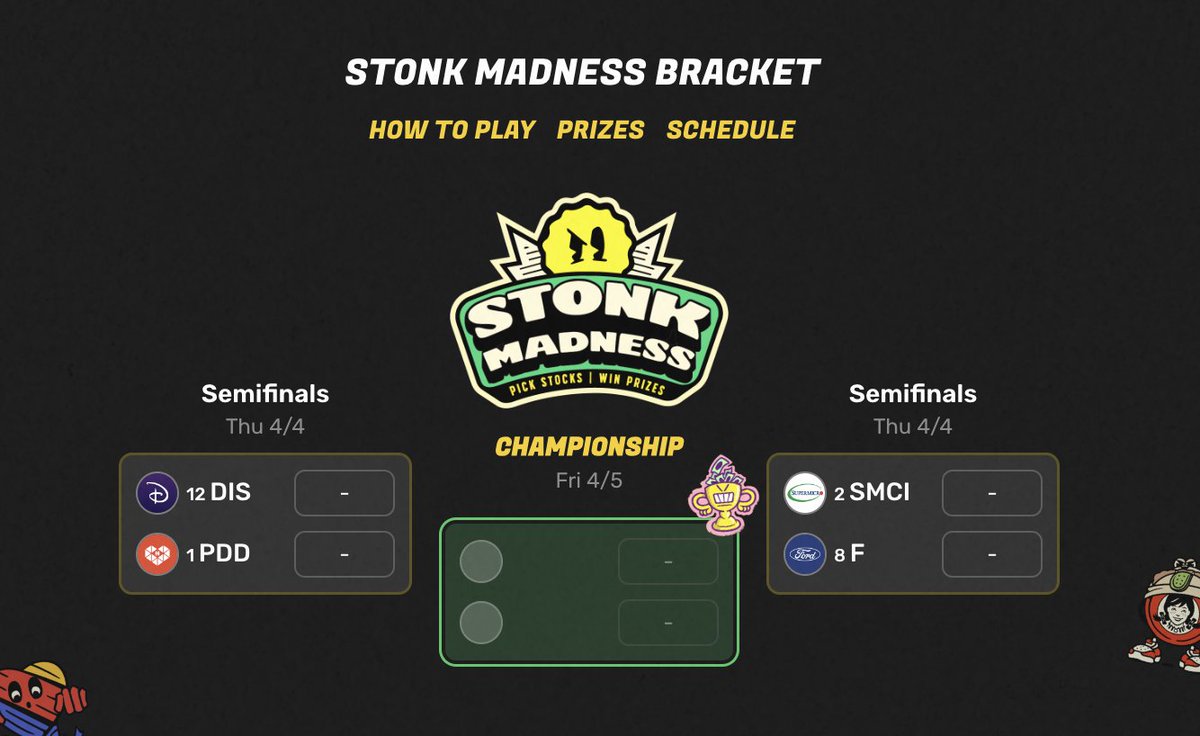 Tomorrow is the SEMIFINALS for Stonk Madness $DIS vs $PDD and $SMCI vs $F And Friday will be the CHAMPIONSHIP MATCH Who will take the crown to be the first ever Stonk Madness champion?