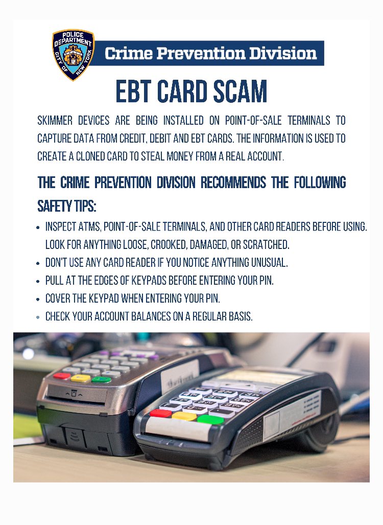 We are experiencing an increase of EBT Card Scams affecting members in our communities citywide. ➡️ When making purchases be aware of your surrounding and inspect the card reader before finalizing your pruchase. ⬇️Follow the helpful tips below.⬇️