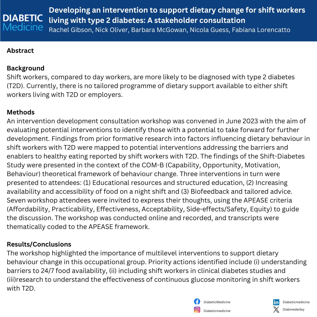 📢 #OpenAccess article Developing an intervention to support dietary change for shift workers living with type 2 diabetes: A stakeholder consultation by @DrRachelG et al. 🔗doi.org/10.1111/dme.15… #t2dm #type2diabetes #shiftworkers #diet #diabetes