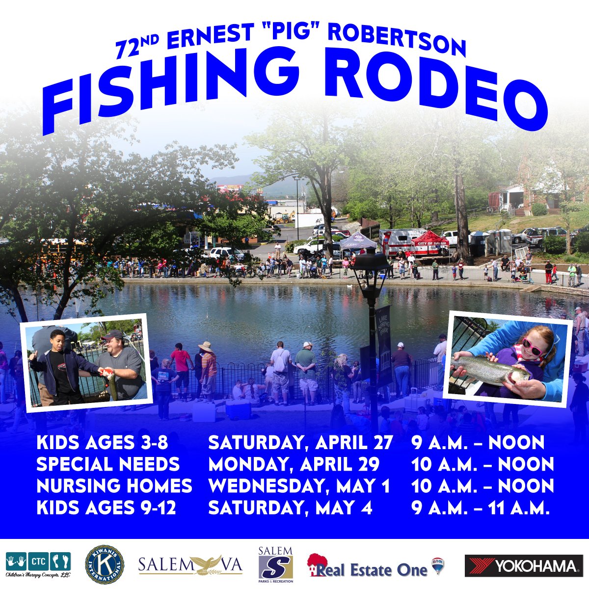 The City of #SalemVA Parks & Rec. Dept. is honored to host the 72nd Ernest “Pig” Robertson Fishing Rodeo at Lake Spring Park this spring. The 2024 version will again have Saturday fishing in various age groups, a special needs day and a nursing home day. salemva.gov/CivicAlerts.as…