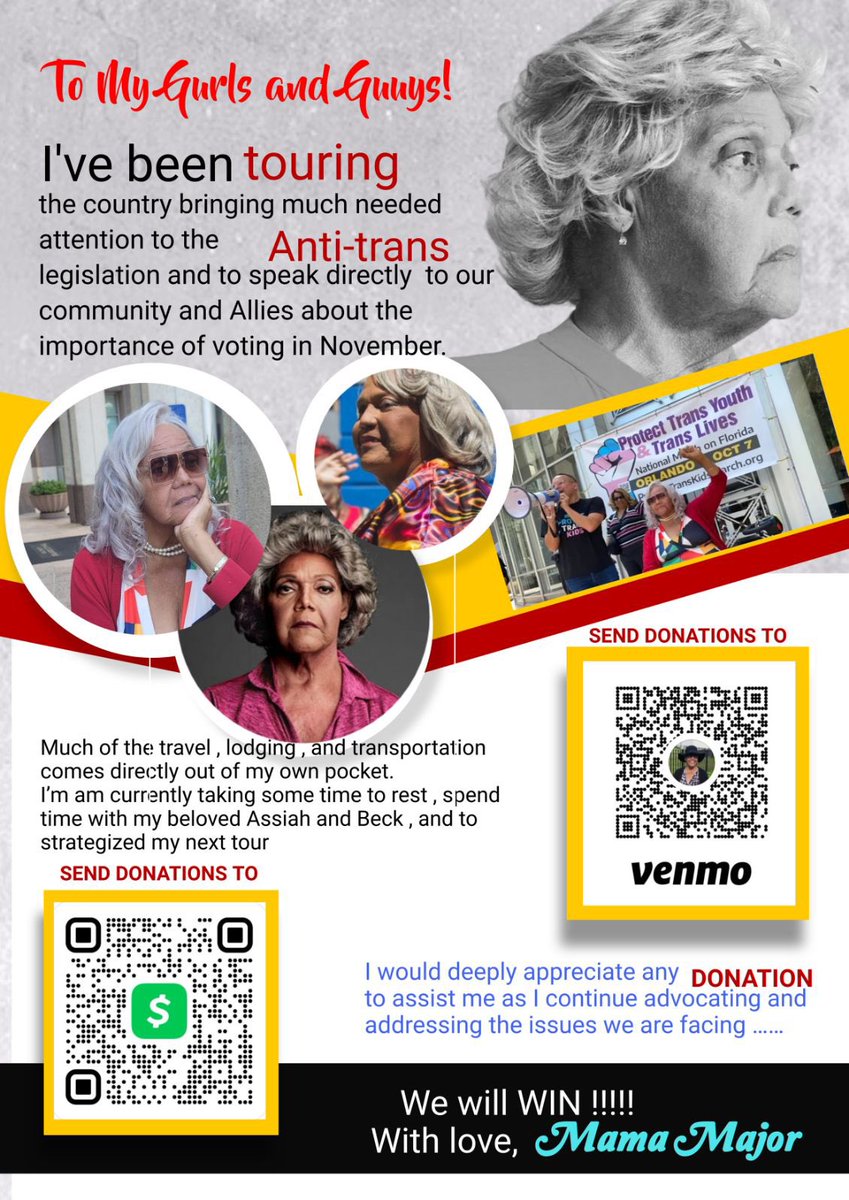 To My gurls and guuys! I've been touring the country bringing much needed attention to the Anti-trans legislation the importance of voting in November. Much of the travel, lodging, and transportation comes directly out of my own pocket. Deeply appreciate any donations. ❤️Major