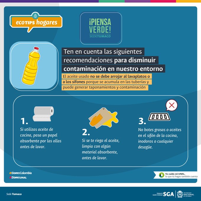 #SostenibilidadUNAL ¿Sabías que sólo 1 litro de aceite usado puede llegar a contaminar cerca de 1.000 litros de agua? Los aceites reducen la oxigenación del agua y ponen en riesgo la vida de peces y otras especies acuáticas 👇 #SomosCuidadoAmbiental #SomosUNAL | @TumacoUNAL