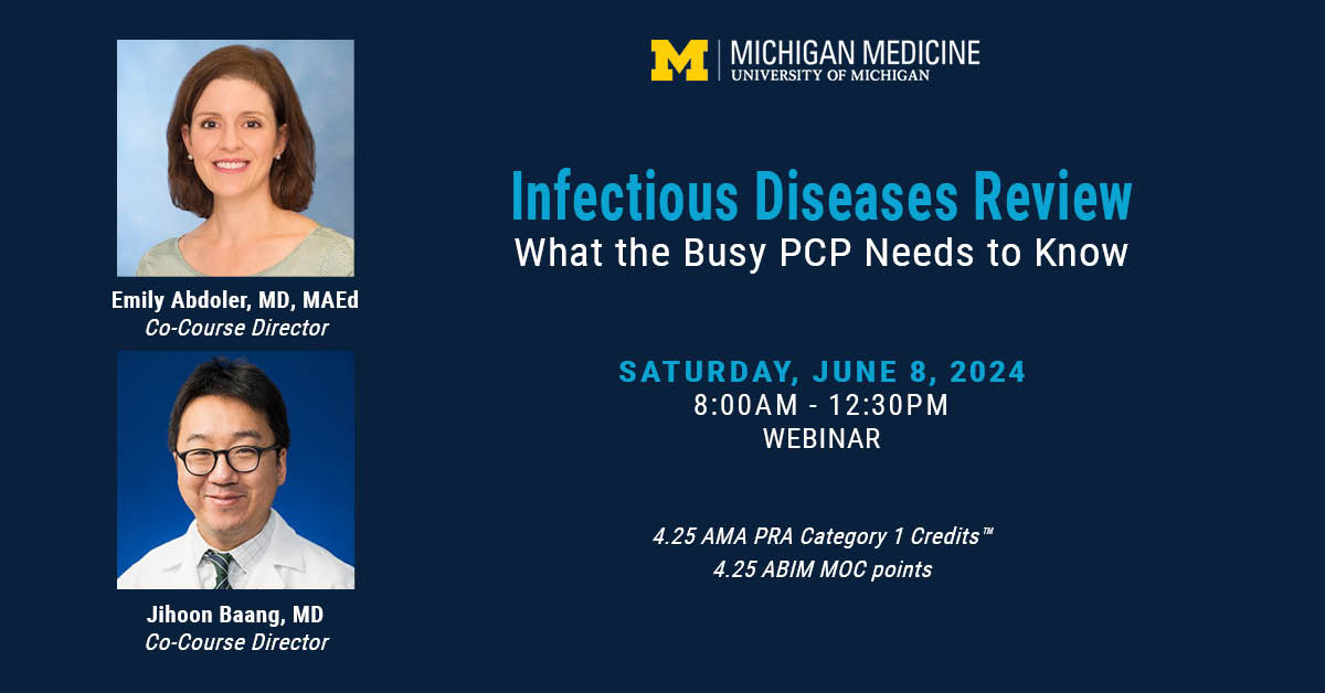 If you are a PCP looking for updated information on current treatment guidelines for Infectious Diseases, or you need to know when to refer your patients to a specialist, check out this virtual CME! 👀 When: Saturday, June 8, 2024 Register today! bit.ly/24IDReview