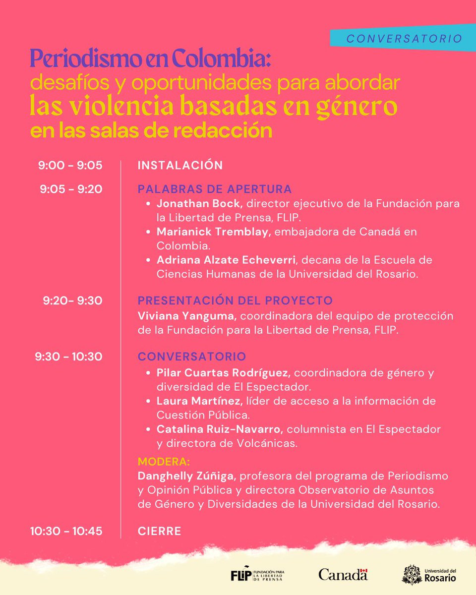 📢 Agéndate y haz parte de esta conversación en la que mujeres periodistas hablarán sobre los desafíos y oportunidades para abordar las violencias basadas en género en los medios. 🗓️ Martes 9 de abril, 9:00 a.m. 📍@URosario, sede centro. ¡Inscríbete! 👉 tinyurl.com/mwdtnknx