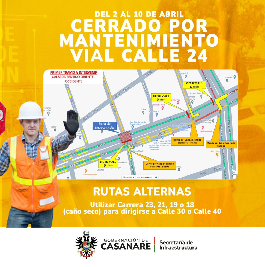 #ATENCIÓN | Cerrada la Calle 24 por mantenimiento vial ⚠️ Se recomienda usar rutas alteras como: Cra 23, 21, 18 o 19 para dirigirse a la Calle 30 o 40 👇🏼 #YopalParaTodos